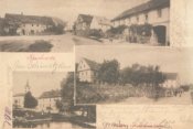 Zástavba u silnice na Rýdeč, selské usedlosti, rybník na návsi před kaplí a obecnou školou 1908